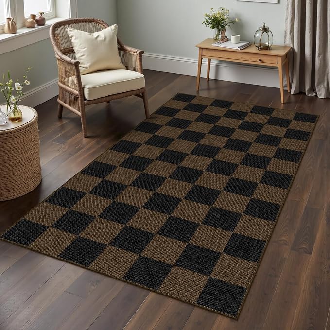 Rugalia Easy Jute Checkered Area Rug, 3x5 Indoor Outdoor Entryway Rug Washable Coffee Checkerboard Kitchen Rugs, Non-Slip Modern Farmhouse Throw Carpet for Living Room Patio Kids Room