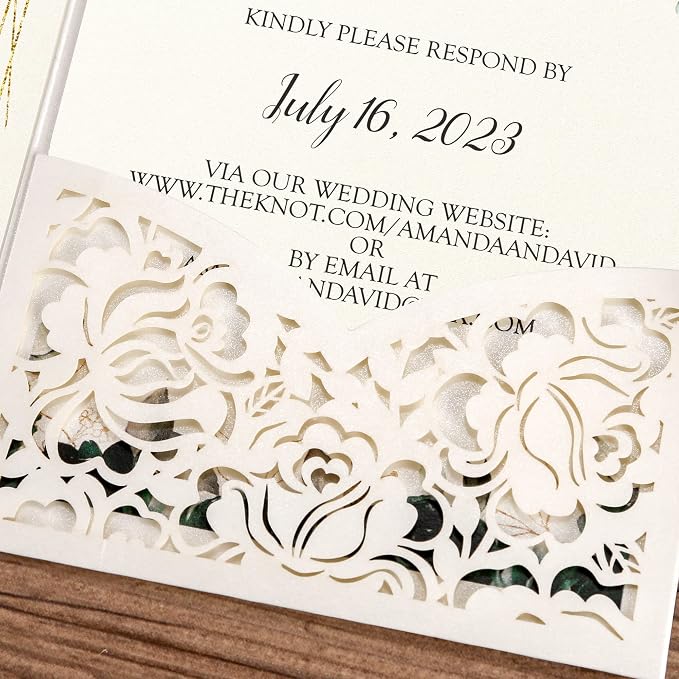 DORIS HOME 50Pcs Personalized Laser Cut Wedding Invitations, Ivory | 4.7"x7.1", Customized Anniversary Invitations, With Envelopes