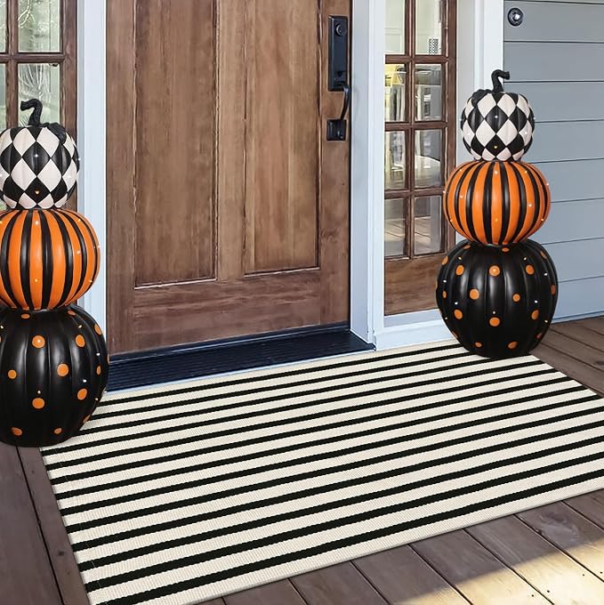 OJIA Front Door Mat Outside Entrance 24"x51" Striped Outdoor Mat Porch Rug | Machine Washable Indoor Outdoor Rug Layered Doormat Front Door Rug Cotton Woven Entryway Rug for Kitchen/Farmhouse/Home Decor