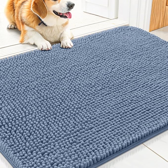 Smiry Dog Door Mat for Muddy Paws 30x17, Absorbent Dirt Trapper, Non-Slip Washable Chenille Entryway Rug for Inside Floor, Airy Blue, Classic Solid