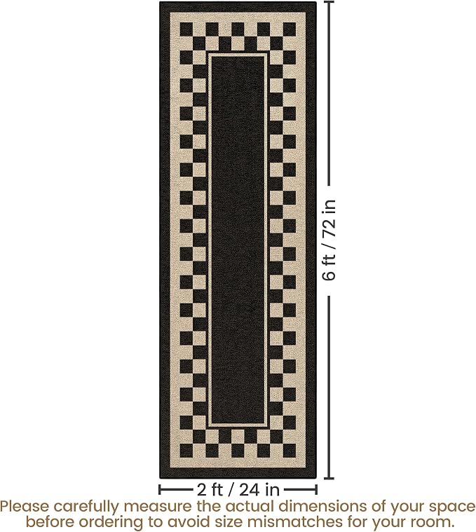 Washable Checkered Easy Jute Runner Rug 2x6, Black Checkerboard Geometric Outdoor Indoor Patio Bordered Rug, Woven Non Slip Thin Neutral Long Runner Carpet for Hallway Kitchen Entryway Porch