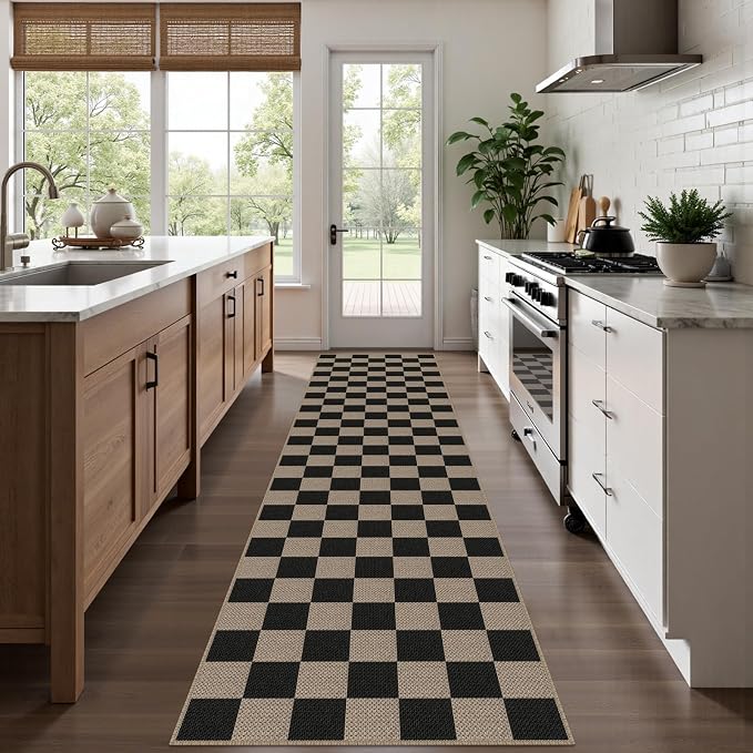 Rugalia Easy Jute Checkered Runner Rug, 2.6x10 Black Modern Washable Rugs Runner for Hallway Non-Slip Kitchen Runner Rug, Geometric Checkerboard Indoor Outdoor Carpet for Porch Laundry Entryway