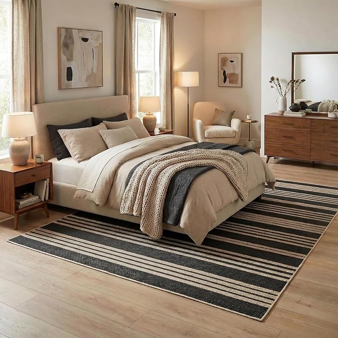 COZYLOOM Striped Easy Jute Rug 4x6 Washable Area Rug for Living Room, Modern Backyard Rugs with Non Slip Backing, Non Shedding Low Pile Neutral Floor Cover for RV, Patio, Bedroom, Black/White