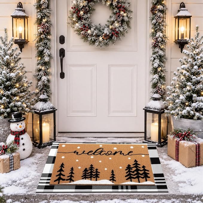 Tinideya 2 Pcs Door Mat Welcome Non Slip Coir Mats Floor Layering Doormats Seasonal for Front Porch Entryway Decor(Snowy Tree)