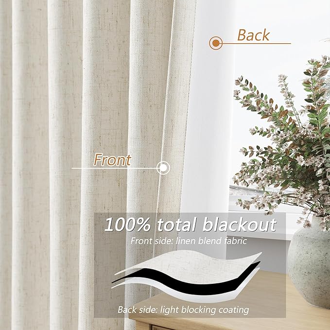 Cream 100% Blackout Linen Curtains 120 Inch Length 2 Panels Set for Living Room Bedroom Back Tab Thermal Insulated Black Out Drapes Room Darkening Farmhouse Style for Bedroom Window Curtains 52x120