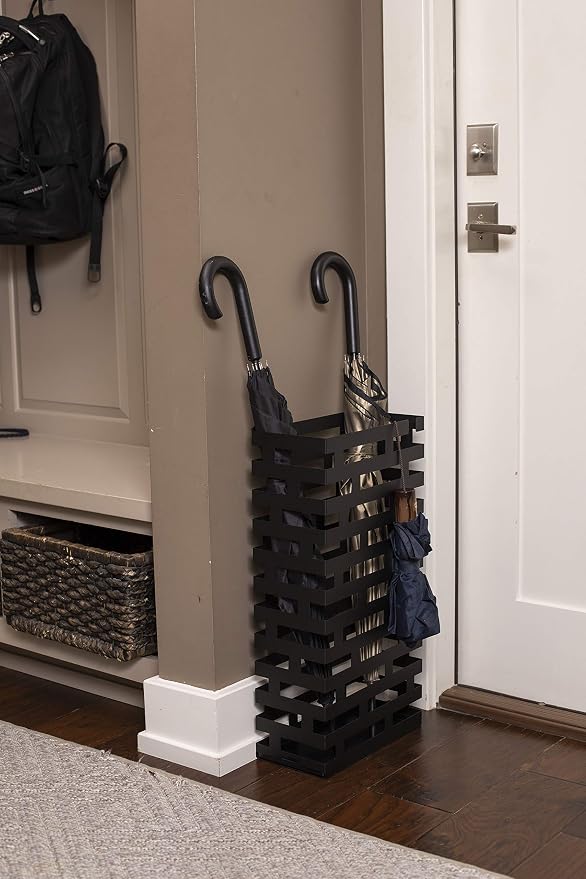 BIRDROCK HOME Decorative Umbrella Stand with Removable Water Tray - Large Freestanding Umbrella Rack and Cane Walking Stick Organizer - Metal Umbrella Holder for Entryway & Indoor Use - Black, Striped | Decorative Large Freestanding Rack and Cane Walki...