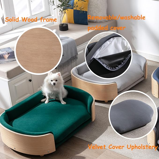 Elevated Dog Bed Pet Sofa with Solid Wood Legs and Bent Soft Backrest, Pet Cat Stool Bed with Velvet Cushion,for Large and Medium Size Dogs Kitten, Large Size