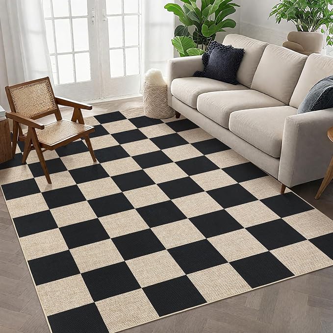 GarveeHome Easy Jute Area Rugs 6x9 for Living Room Non-Slip Backing Checkered Rugs Machine Washable Modern Indoor Outdoor Carpets for Dining Room Nursery Patio Bedroom Backyard Camping Black