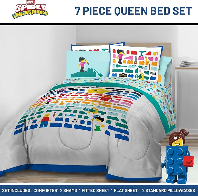 LEGO® Blocks Queen Comforter Set 7 Piece Soft Kids Bedding, White | Bed in a Bag, Comforter Sheets Shams Pillowcases, Official Product, Soft Microfiber, Machine Washable Easy Care, Kids Gift