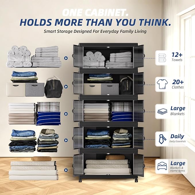 SAILUN 145Gal/580Qt Collapsible & Stackable Storage Bins with Door & a Lid,Perfect for Blanket Storage, Pillow Organizer, Bedroom Closet & Living Room, Black 26" W x 17" D x 71" H