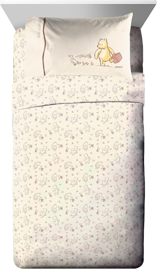 Jay Franco Kids Bed Set, Beige, Winnie The Pooh, 5 Piece Twin | Cozy Soft Bedding for Stylish Room Décor with Comforter, Sheets & Pillow Covers