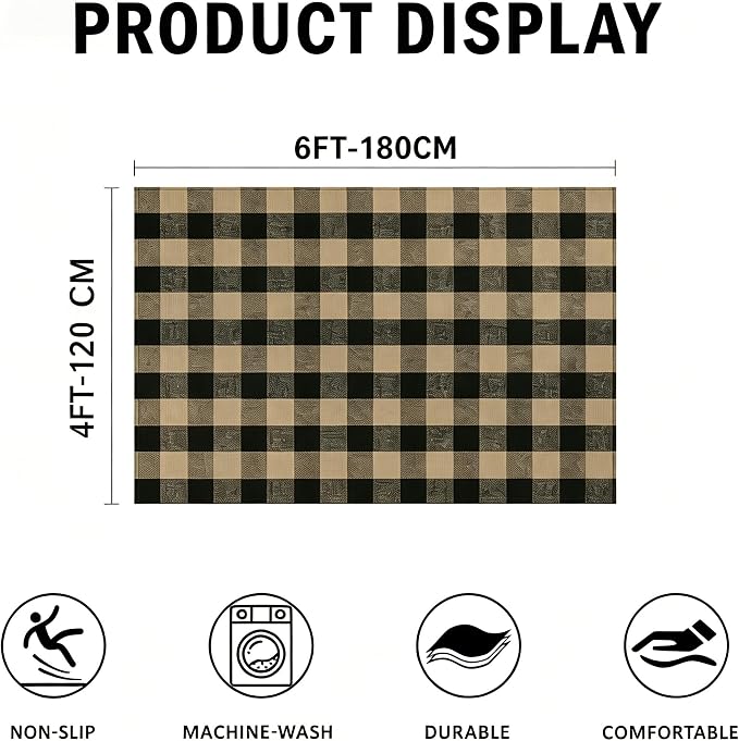 SEEKSEE Buffalo Plaid Rug 4' x 6' Coffee and Black Large Front Door Mat, Layering Area Rug, Washable Rug for Outdoor Patio Entryway Indoor Living Room Kitchen Dining Room Decor