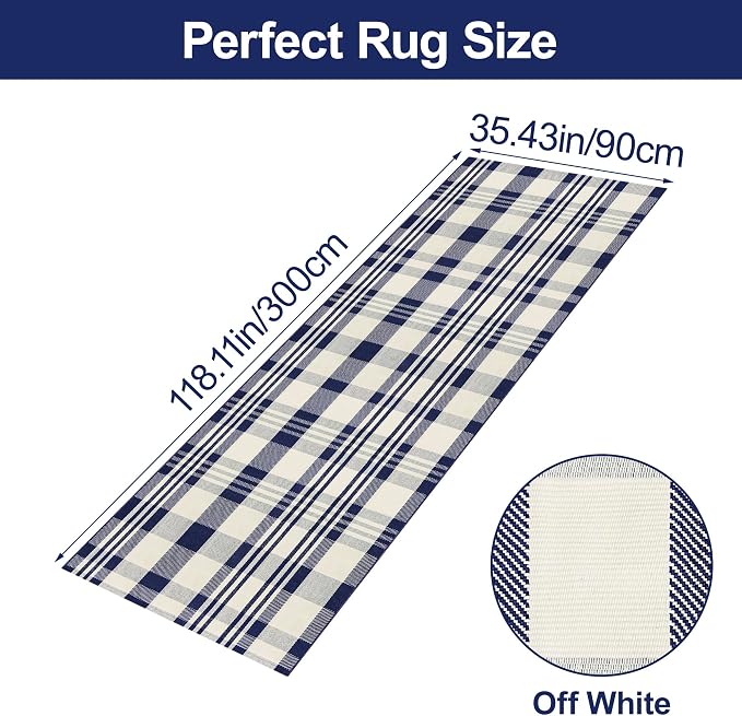 Buffalo Plaid Runner Rug 3x10 Feet Navy and Off White Hallway Runner Rug Cotton Woven Rug Farmhouse Checkered Rug Washable Runners for Entryway Kitchen Bedroom Living Room