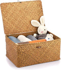 Hipiwe Wicker Shelf Baskets Bin with Lid Handwoven Storage Basket, X-Large | Rectangular Basekts Bins Natural Seagrass Household Basket Boxes for Shelf Wardrobe Home Organizer, Caramel