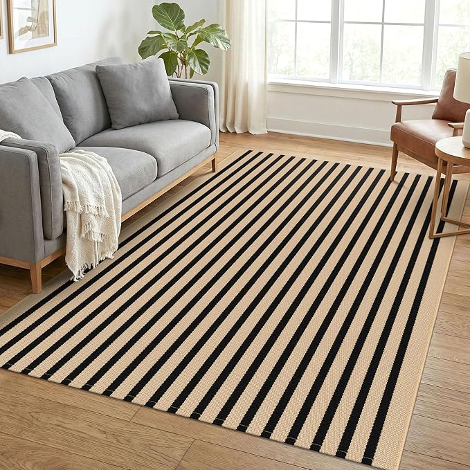 KOZYFLY Brown and Black Rug 5x7 ft Area Rug Woven Washable Striped Rugs Cotton Farmhouse Indoor Outdoor Rugs for Living Room Bedroom Dining Room Porch Patio Carpet