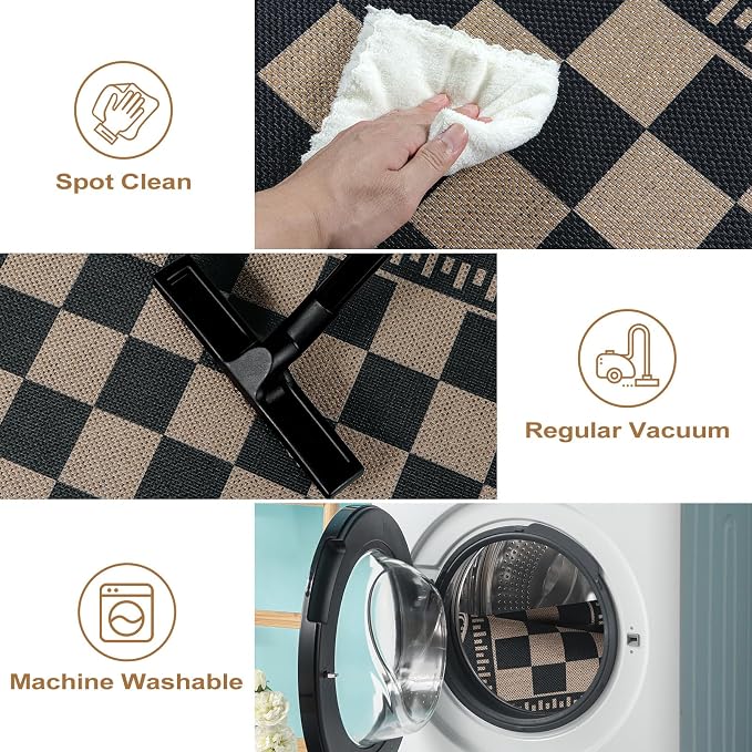 Checkered Easy Jute 4x6 Outdoor Patio Rug, Washable Indoor Outdoor Black Kitchen Rugs Farmhouse Neutral Non Slip Area Rug for Living Room Backyard Bedroom