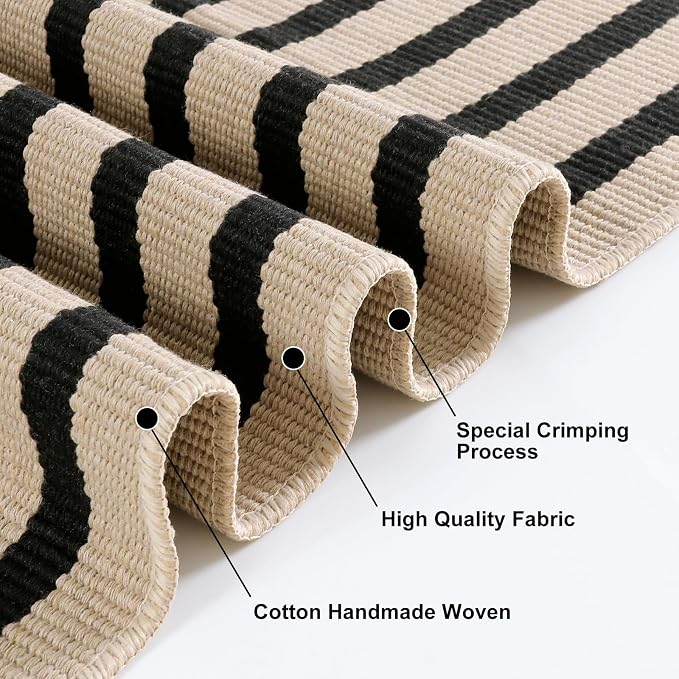 KIMODE Front Door Mats 24"x51", Machine Washable Farmhouse Fall Front Porch Rug Decor, Striped Layered Door Mats Outdoor, Cotton Hand Woven Entryway Rug for Entry, Doorway, Kitchen Black and Khaki