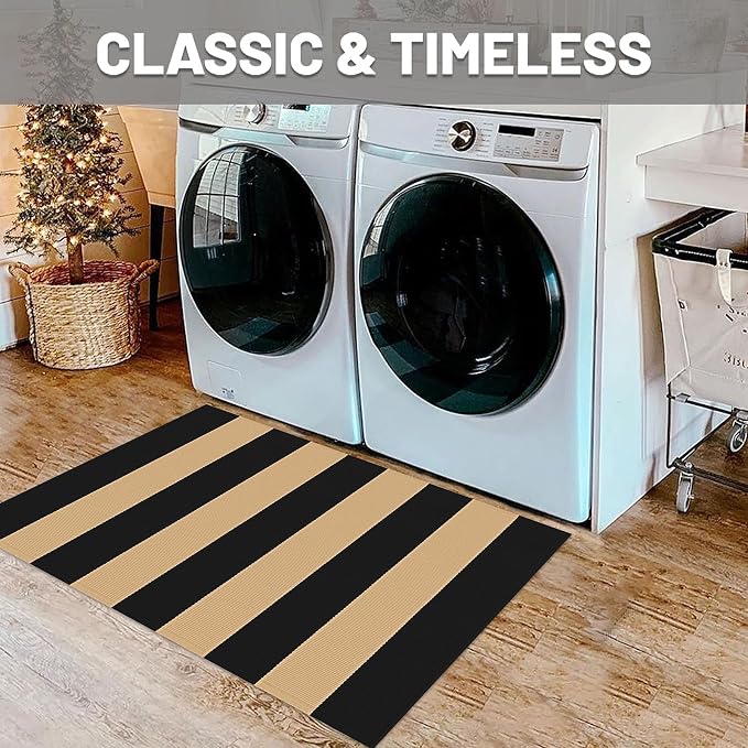 IOHOUZE Black Tan Striped Rug 24" x36" Front Door Mats Outdoor, Washable Rug for Front Porch Decor, Spring Summer Welcome Mats Outdoor Indoor, Doormat for Farmhouse/Entryway/Home Entrance
