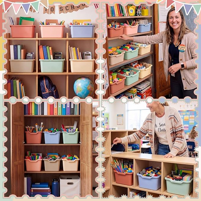 Novabright 12 Pcs Plastic Book Bins for Classroom, Back to School Supplies Library Cubby Bins Scoop Front Stackable Toy Storage Tubs Colorful Containers for Office Home Nursery Playroom Organization