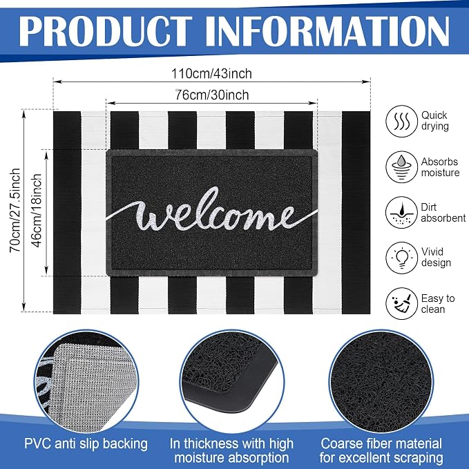 Geelin 2 Pcs 30'' x 18'' Doormat 43'' x 27.5'' Black and White Layered Rug for Front Door Mat Outside Entrance Welcome Door Mats for Indoor Outdoor Entryway Porch Decor(Stripe Welcome)