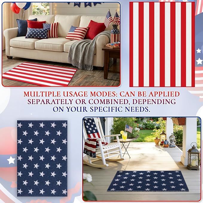 2PCS 4th of July Door Mat Combination, Patriotic Stars and Stripes Front Porch Decor, Independence Day Layered Welcome Mat, Red White and Blue Outdoor Rug for Memorial Day Entryway Decoration