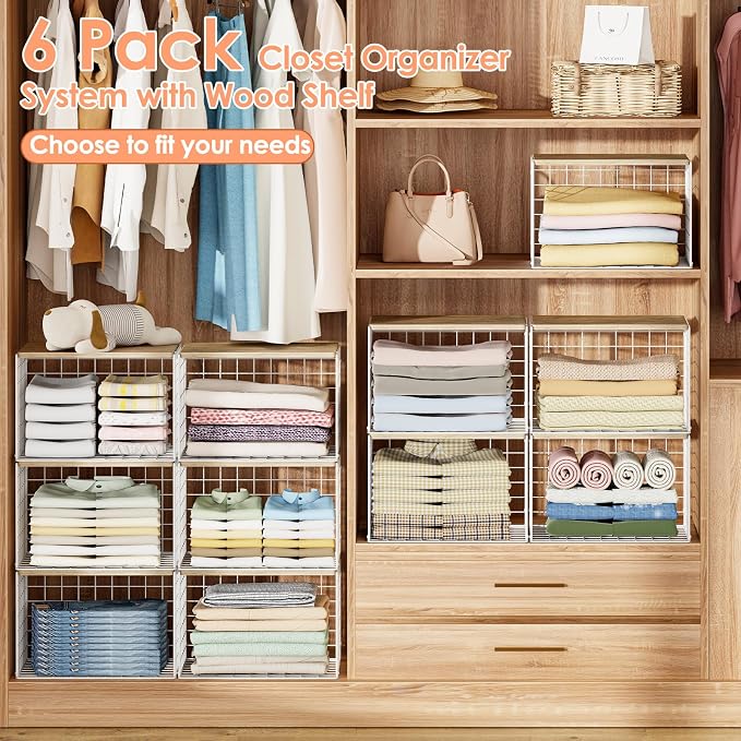 6 Pack Extra-Long Closet Organizers and Storage with Top Board, Stackable Closet Shelf Organizer, Double Storage Design, Clothes Storage Cube/Bin/Basket for Wardrobe, Space-Saving, White,Sturdy,Metal