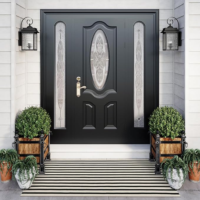 LEEVAN 2'X4.3' Black and White Striped Woven Cotton Reversible Outdoor Rug | Small Machine Washable Front Porch Rug, Entryway Door Mat, Indoor Layering Carpet for Farmhouse Bathroom Laundry
