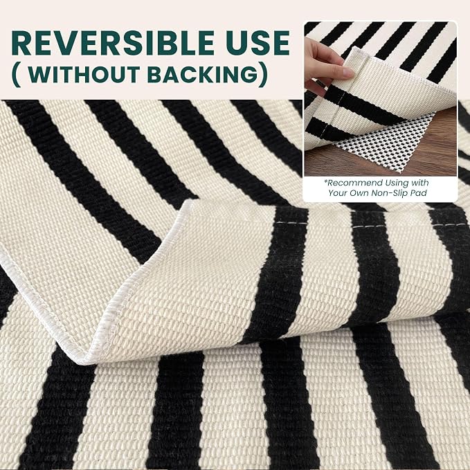KOZYFLY Striped Rug 2x3 ft Beige and Black Stripes Doormat Cotton Woven Washable Indoor Outdoor Rug Front Door Mat for Entryway Porch Kitchen Patio Decor Small Area Rugs