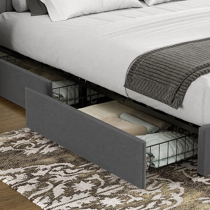 VECELO Full Size Upholstered Bed Frame with 4 Drawers and Headboard, Velvet Platform Storage Bedframe, Wooden Slats Support, No Box Spring Needed,Dark Grey