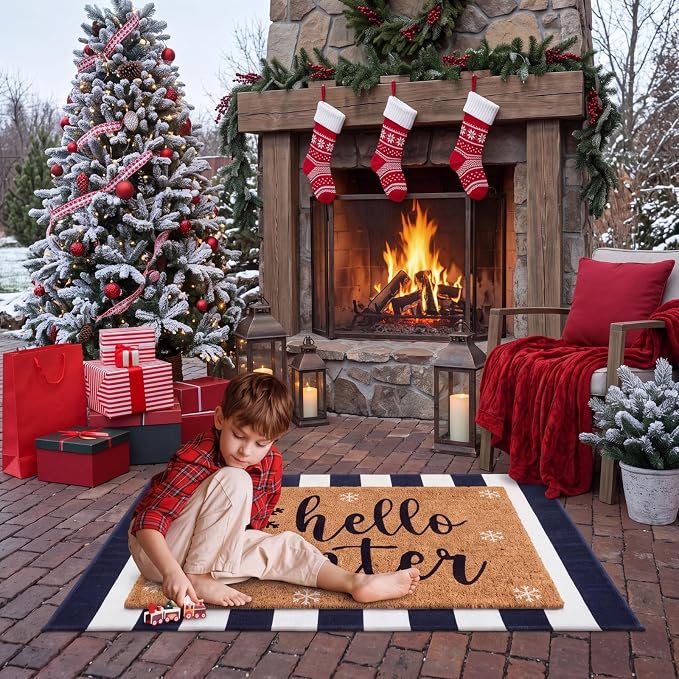 Moucuny 2 Pcs Hello Winter Door Mat Outdoor Snowflake Nature Coir Welcome Outdoor Rug Dark Blue White Stripe Front Door Rugs Non Slip Floor Mats for Winter Entrance Front Porch Decor