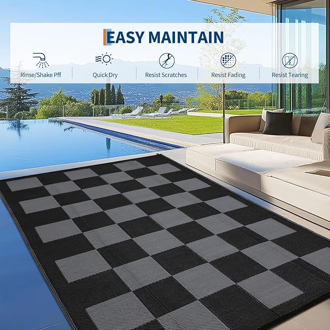 GarveeHome Large Waterproof Outdoor Rug 10 x 14 Foldable Checkboard Plastic Straw Rug, UV-Resistant Reversible Mat, Modern Geometric Plaid Woven Carpet for Picnic, Backyard, Deck, Black Gray
