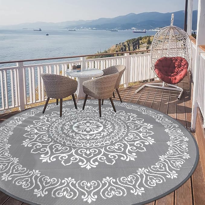 Pauwer Outdoor Rug 8ft, Waterproof Plastic Straw Camping Rug, Floral Grey | Reversible Patio Rug, UV Resistant Indoor Outdoor RV Mat Carpet For Deck, Camper, Porch, Balcony, Backyard, Picnic, Foldable