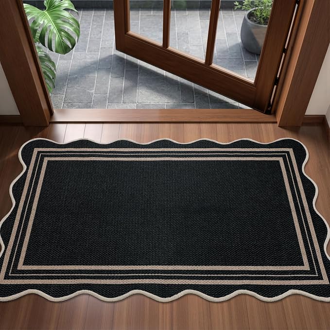 EDIMENS Easy Jute Rug Entryway Rug, 2x3 Front Door Mat Small Entryway Non-Slip Washable Area Rug, Low Pile Black Indoor Outdoor Farmhouse Scalloped Doormat for Entrance Entry Porch Doorway
