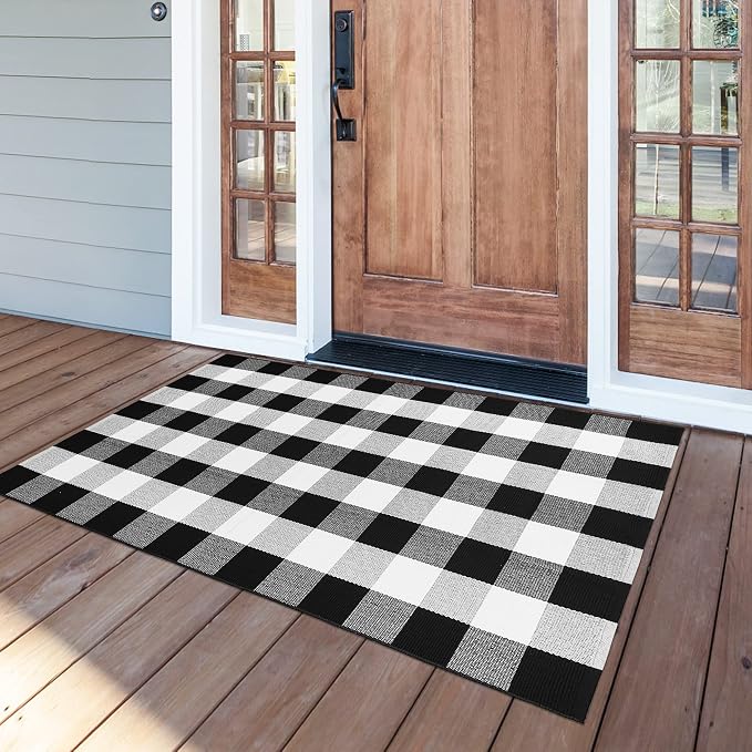 Buffalo Plaid Rug 3x5 Cotton Woven Buffalo Check Rug Black and White Checkered Outdoor Rug Washable Indoor Outdoor Area Rug Layered Front Door Mats Carpet for Farmhouse Entryway Living Room Bedroom