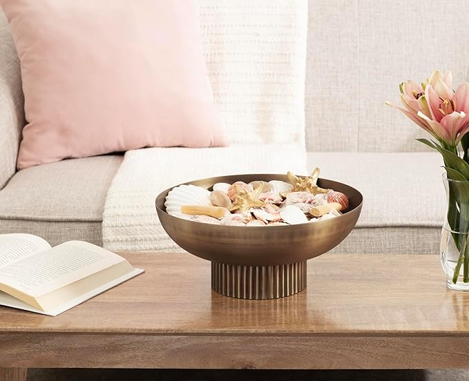 Kate and Laurel Rooks Ribbed Decorative Metal Bowl; 12 Inch Diameter; Brass; Modern Raised Fruit Bowl for Kitchen Counter or Use as a Key Bowl for an Entryway Table