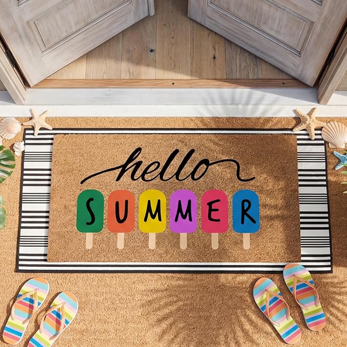 Moucuny 2 Pcs Summer Coir Door Mat 19" x47 Hello Summer Welcome Mats for Front Door Non Slip 56"x22" Black and White Rug Large Floor Layering Doormats for Front Porch Entryway Decor