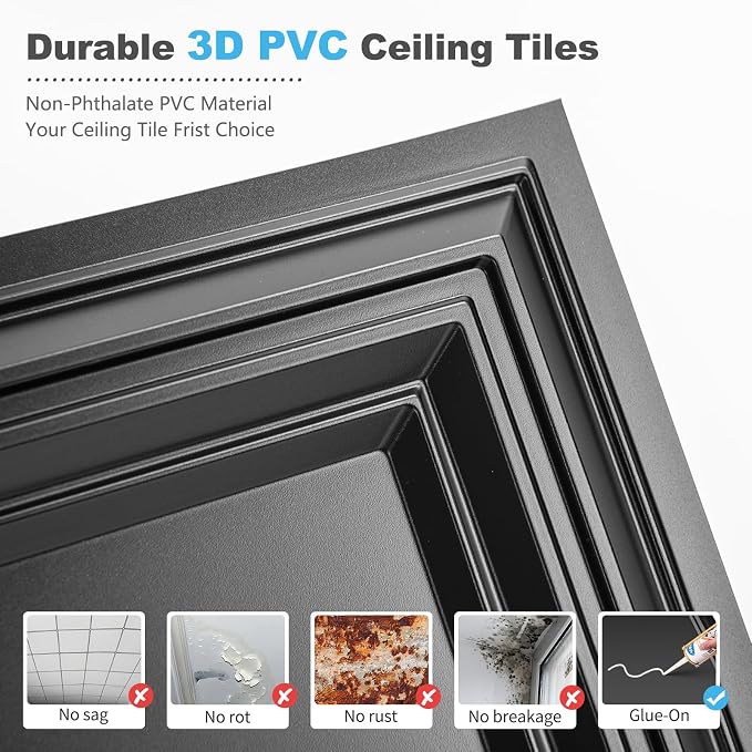 Art3d Drop Ceiling Tiles 48x24, Decorative PVC Ceiling Panels, Waterproof Rustproof and Durable 12-Pack, Glue Down, Rectangular Black