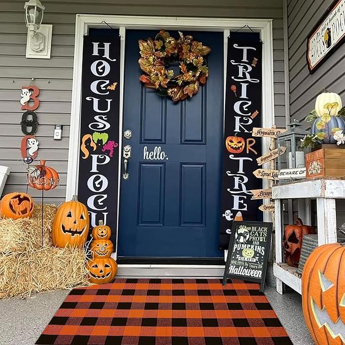 Bottalive Buffalo Plaid Outdoor Rugs, 3'x5' Orange and Black Checkered Indoor/Outdoor Area Rug, Layering Rug for Hello/Welcome Door Mat, Washable Cotton Woven Farmhouse Mat for Fall Front Porch Décor