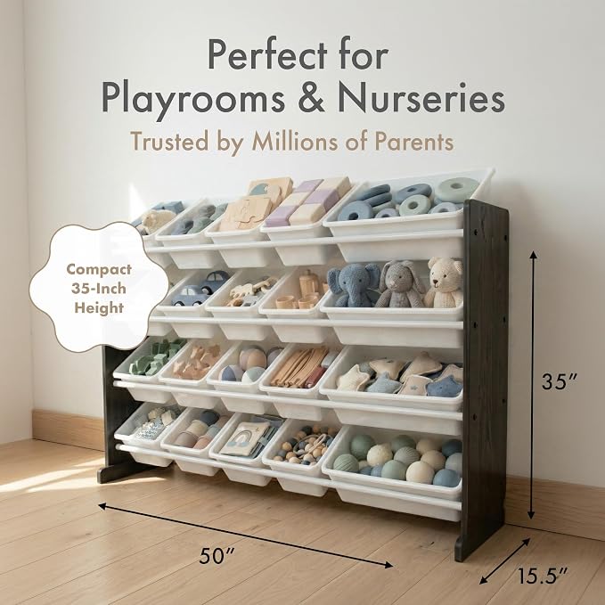 Humble Crew Kids Toy Organizer with 20 Bins, 4 Tier Storage for Playroom | Sturdy wood and steel toddler shelf, removable BPA-free containers, wall anchor anti-tip safety kit for bedroom or classroom