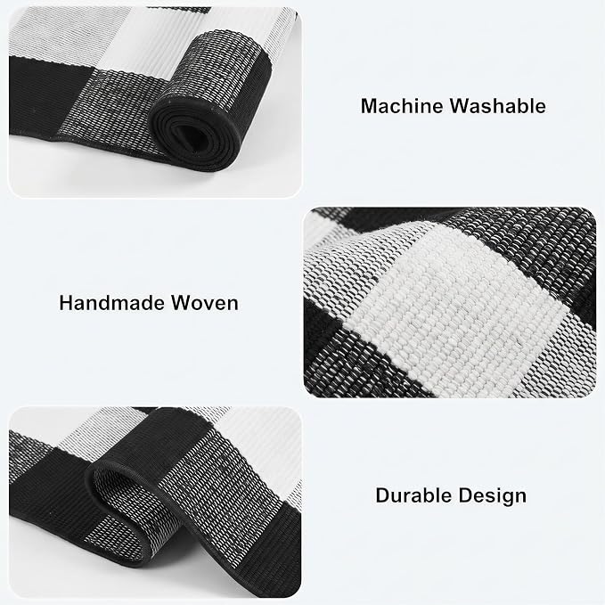 Buffalo Plaid Rug 4' x 6' Black and White Front Door Mat Reversible Layered Porch Rug Washable Hand Woven Cotton Area Rug for Indoor Outdoor Living Room Dining Room Bedroom Kitchen Porch Decor