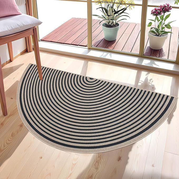 Easy Jute Rainbow Rug 2.6x5Ft Half Circle Doormat Neutral Faux Jute Carpet for Farmhouse Bedroom Entrance Balcony, Nonslip Half Round Floor Mat for Living Room Patio Kitchen, Outdoor, Black 3