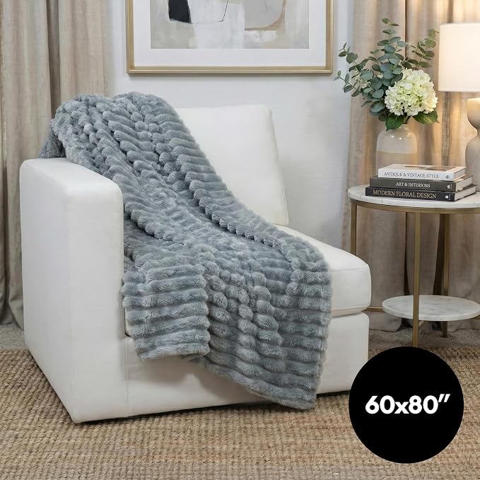 Americanflat 60x80 Faux Fur Throw Blanket - Soft and Breathable Throw Blanket for Couch, Bed, Chair - Gray Faux Fur Blankets Perfect for Home, Bedroom, or Outdoor Use