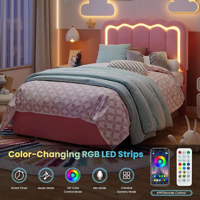 SHA CERLIN Twin Size Bed Frame with LED Lights and Storage Drawer, Pink | Upholstered Velvet Platform Bed with Adjuatable Wavy Headboard, Noise-Free, Easy Assembly,No Box Spring Needed