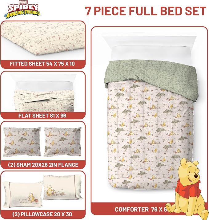 Jay Franco Kids Bed Set, Beige, Winnie The Pooh, 7 Piece Full | Cozy Soft Bedding for Stylish Room Décor with Comforter, Sheets & Pillow Covers