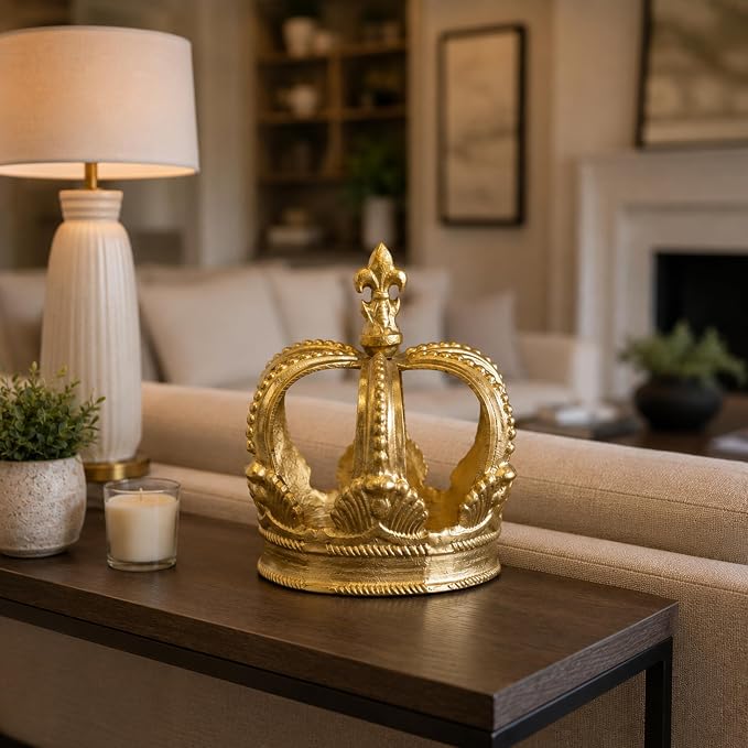 Metal Crown Display for Bathroom Decor - Regal Form Accent Display for Home, Living Room, Office, and Shelf Styling - Sculpture Ornament Statement Piece for Coffee Table Decor - 7", Gold & Metallic