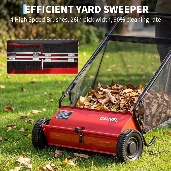 26 Inch Push Lawn Sweeper, 7 Cu. ft Grass Cutter, 4 High-Speed Spinning Brushes, Durable Steel Construction, Walk-Behind Leaf & Grass Collector for Yard Cleanup