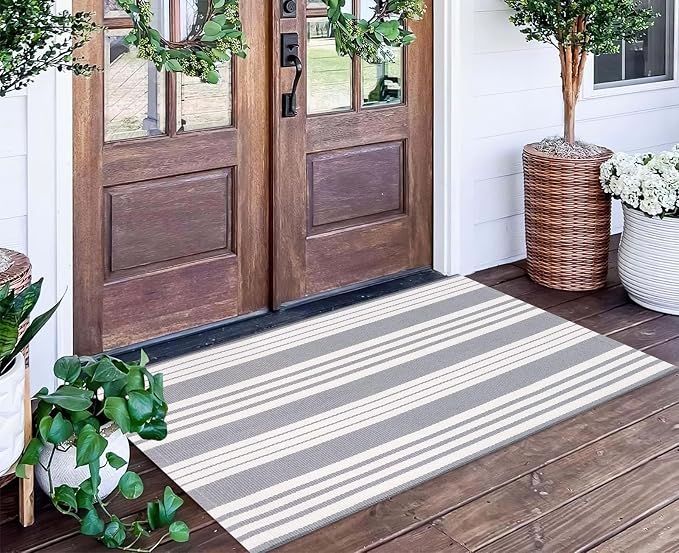 Grey and White Striped Rug 24'' x 51''Outdoor Front Porch Rug Hand-Woven Machine Washable Layered Door Mats for Entryway/Bedroom/Outdoor