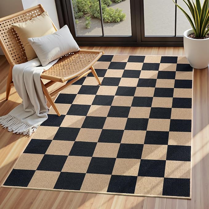 EDIMENS 3x5 Outdoor Rugs Checkered Easy Jute Front Door Mat Entryway Rug | Black Washable Non Slip Indoor Outdoor Rug Farmhouse Neutral Living Room Carpet for Backyard Porch Balcony Patio