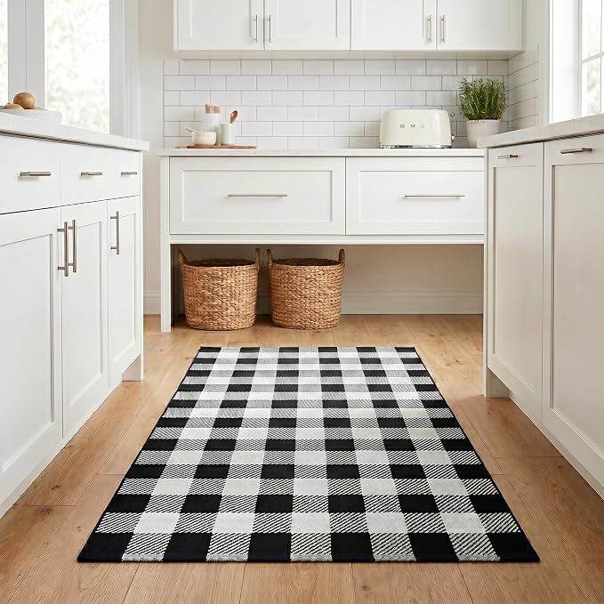 Black and White Buffalo Plaid Rug 3'x5', Machine Washable Layering Mat for Front Door, Entryway, Kitchen, Indoor Outdoor Low Profile Cotton Woven Check Rug