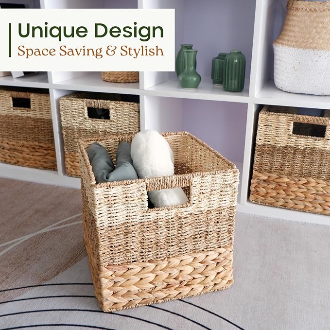 CHI AN HOME 11x11 Wicker Storage Cubes Storage Baskets For Shelves Set 4 | 10.5 x 10.5 Water Hyacinth Storage Baskets Woven With Seagrass, Palm Leaf. Foldable Square Baskets With Carry Handles